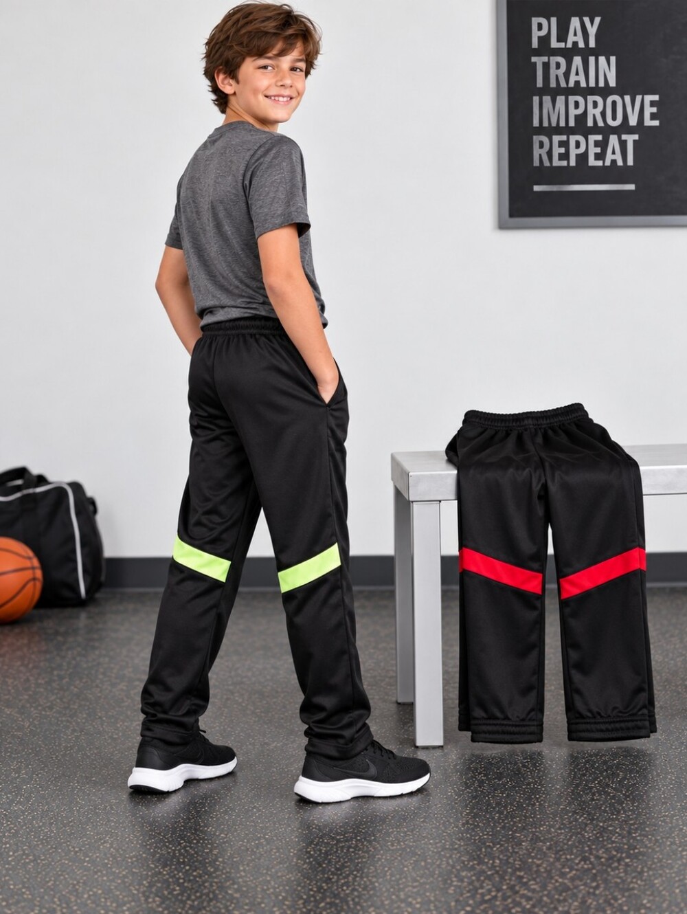 Boys Size 10-12 Athletic Track Pants Lot of 2 Black Neon Green Red